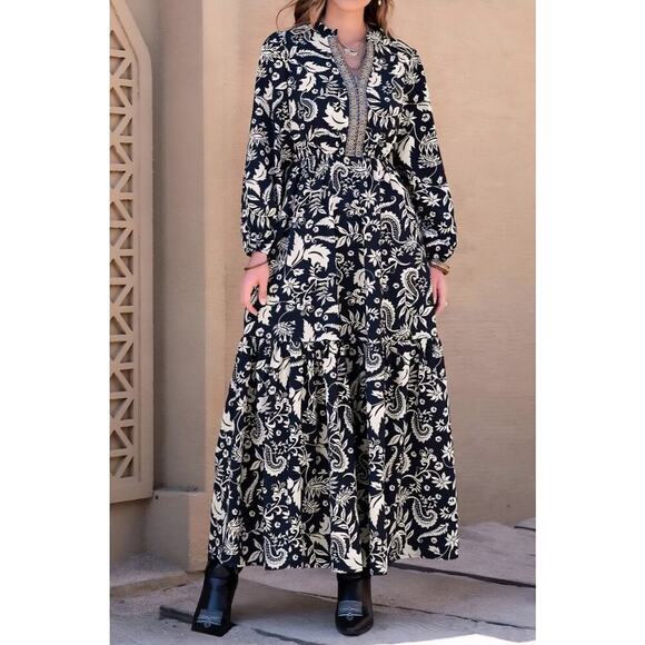 Rustty Dustty Navy Maxi Dress Long Sleeve Ruffle Hem Embroidered V-Neck Size XL - Picture 1 of 8